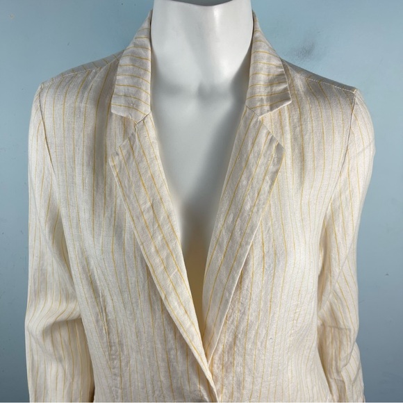 Cynthia Rowley Sz Small 100% Linen Blazer Jacket Ivory Yellow Stripe Lightweight - Picture 2 of 16